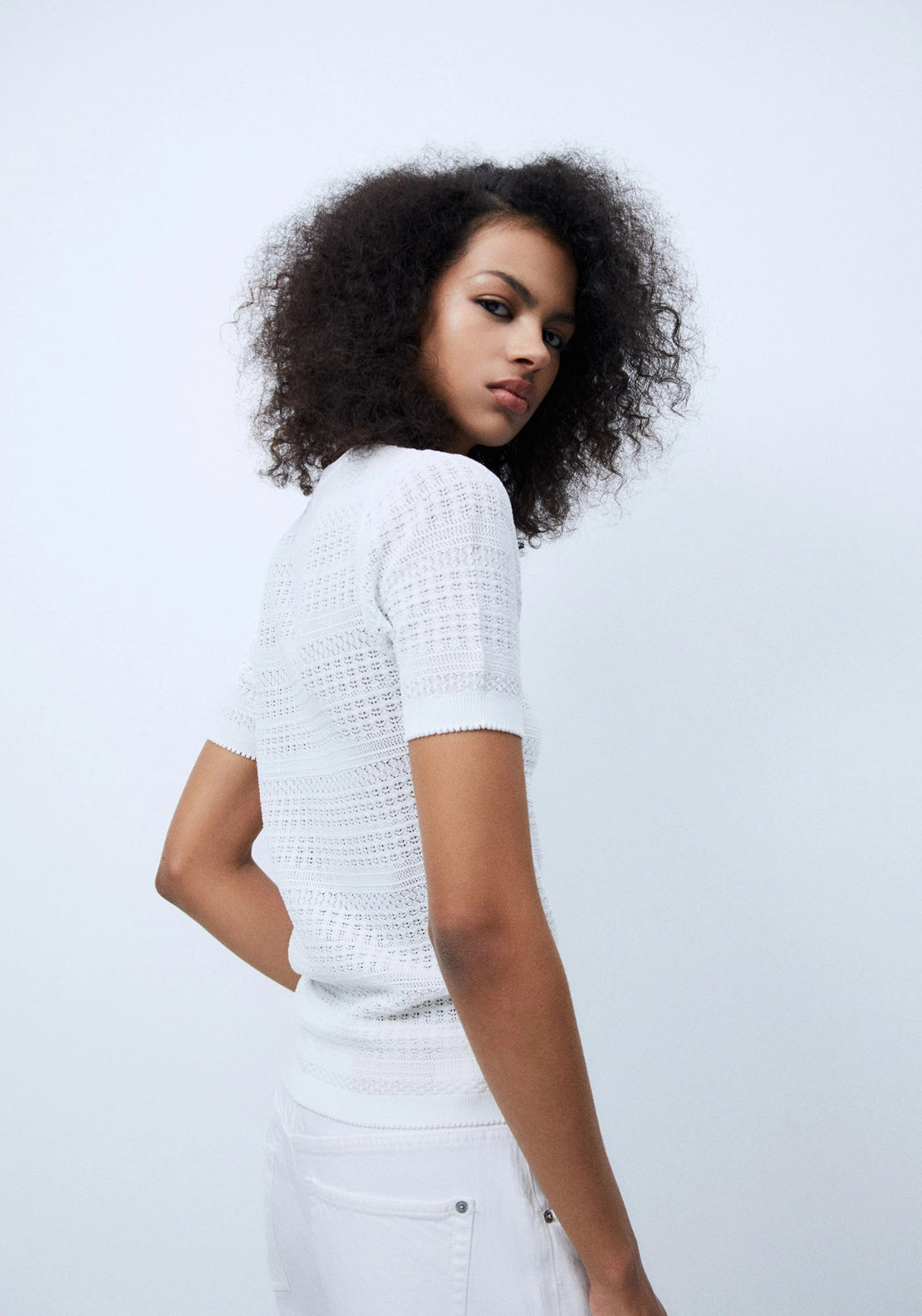 Short Sleeve Openwork Sweater - White