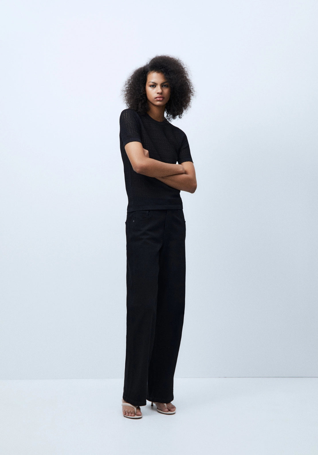 Short Sleeve Openwork Sweater - Black
