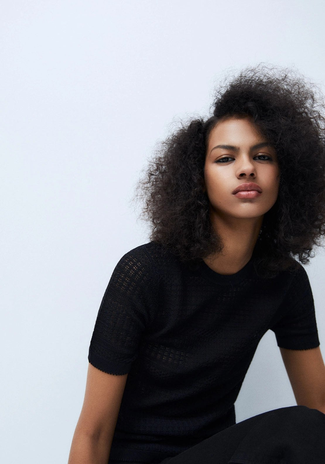 Short Sleeve Openwork Sweater - Black