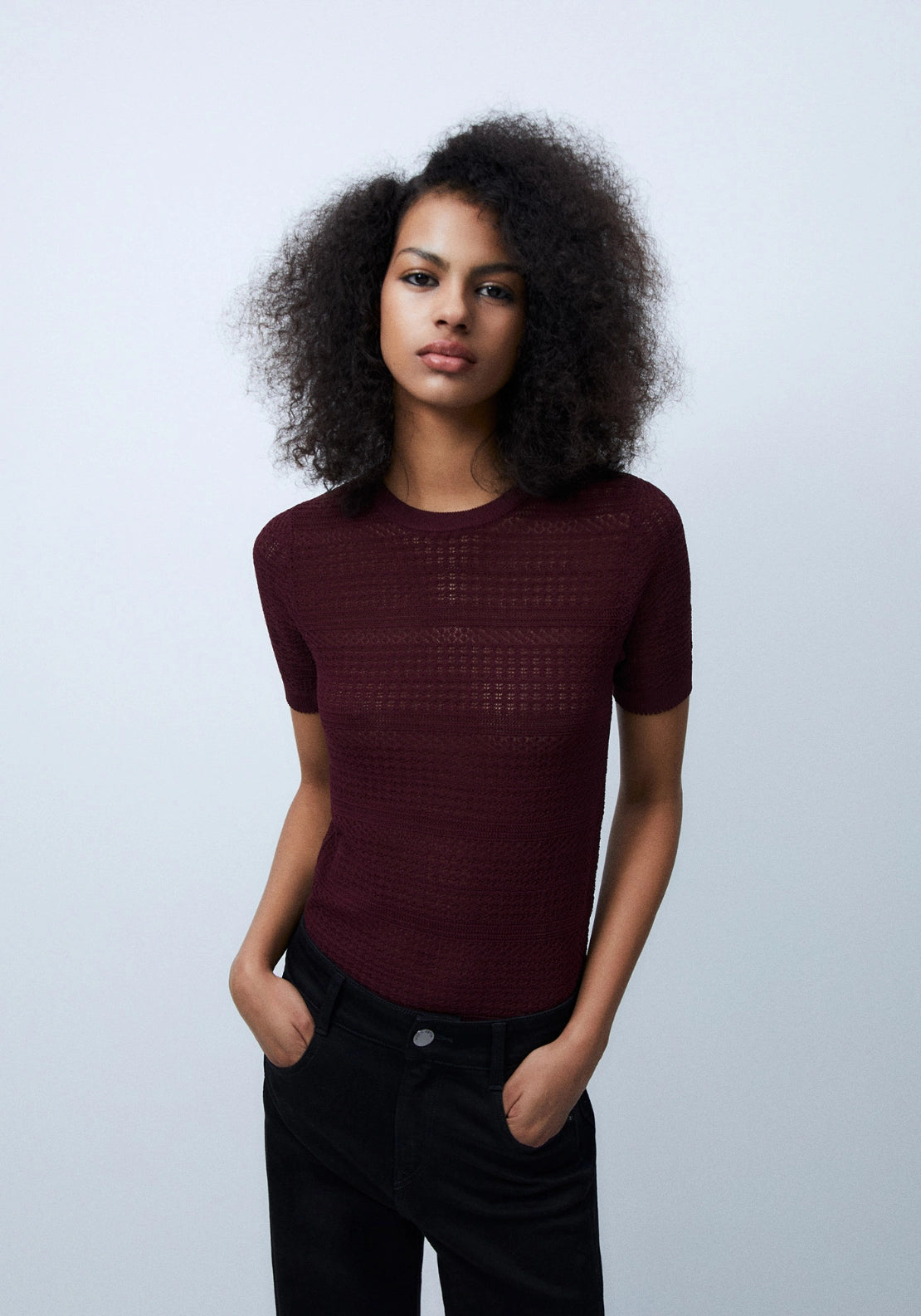 Short Sleeve Openwork Sweater - Red