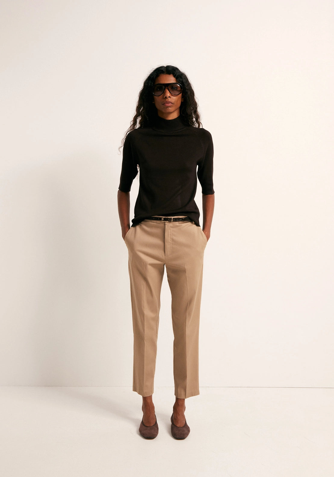 Elbow Sleeve Mock Neck Sweater - Brown