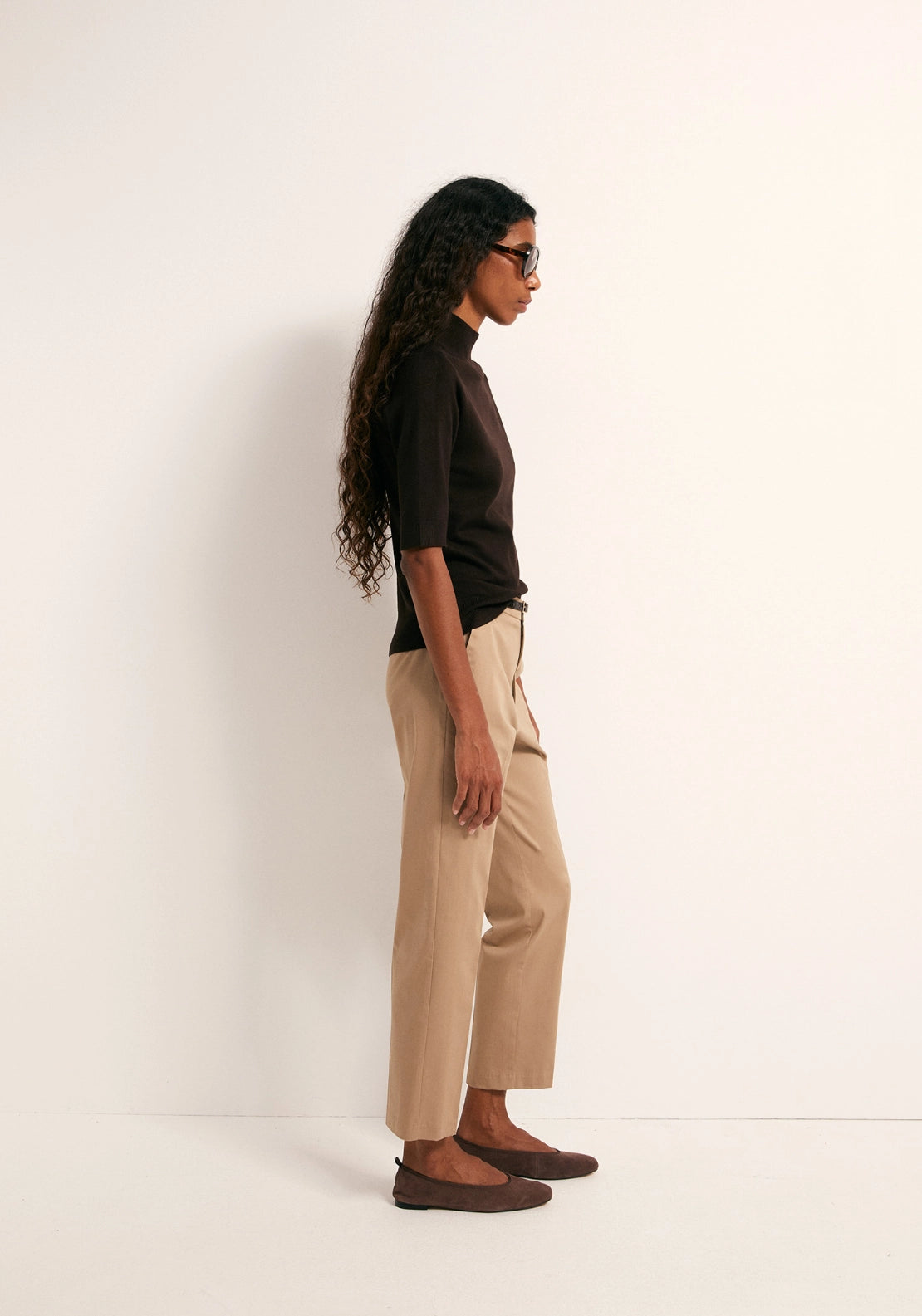 Elbow Sleeve Mock Neck Sweater - Brown