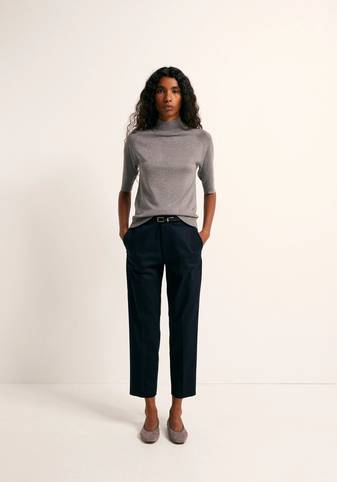 Elbow Sleeve Mock Neck Sweater - Grey