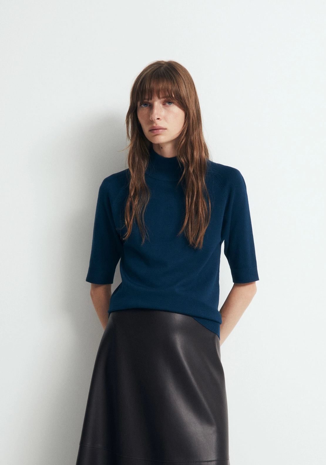 Elbow Sleeve Mock Neck Sweater - Dark Blue