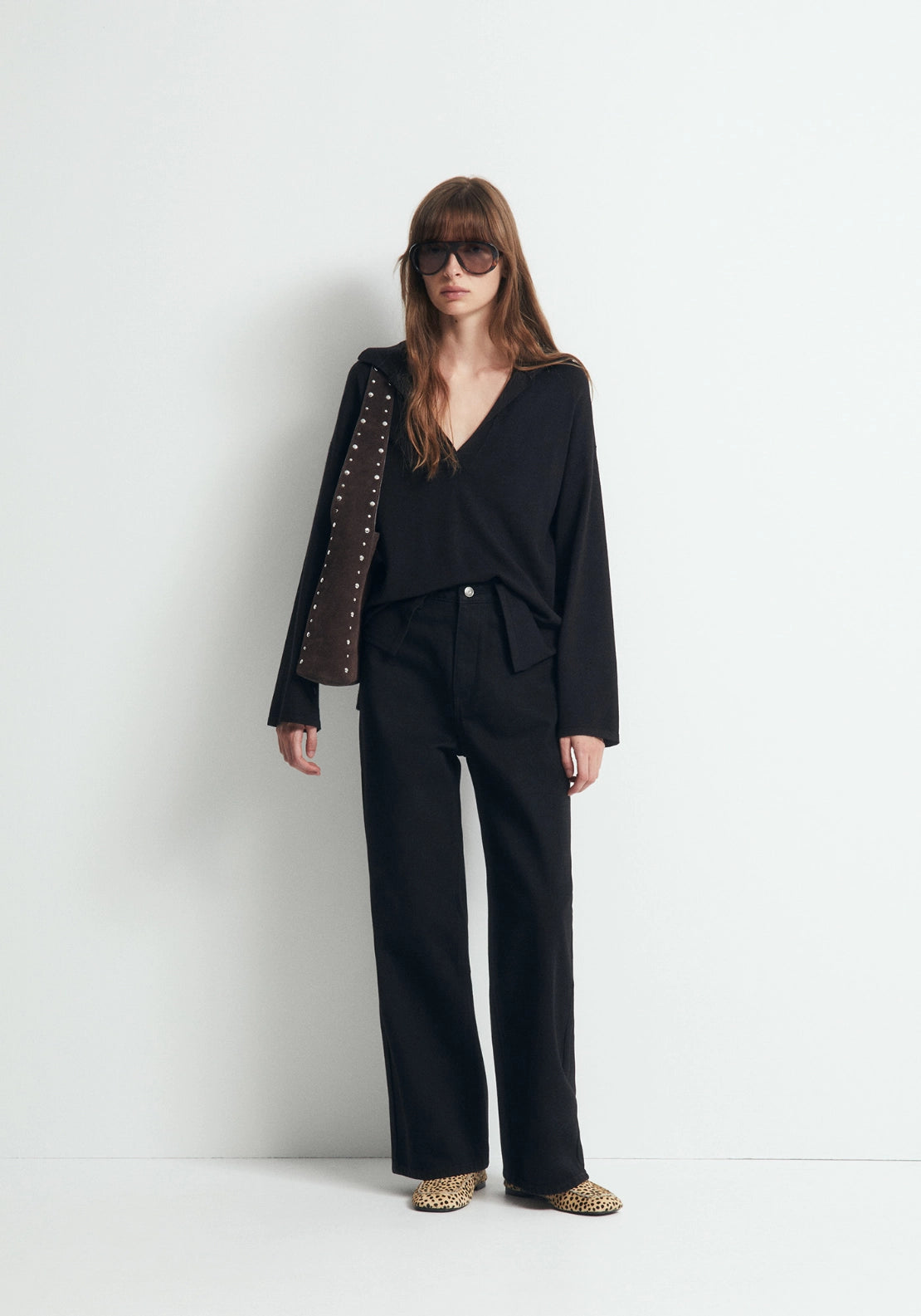 Knit Polo Sweater Open Collar - Black