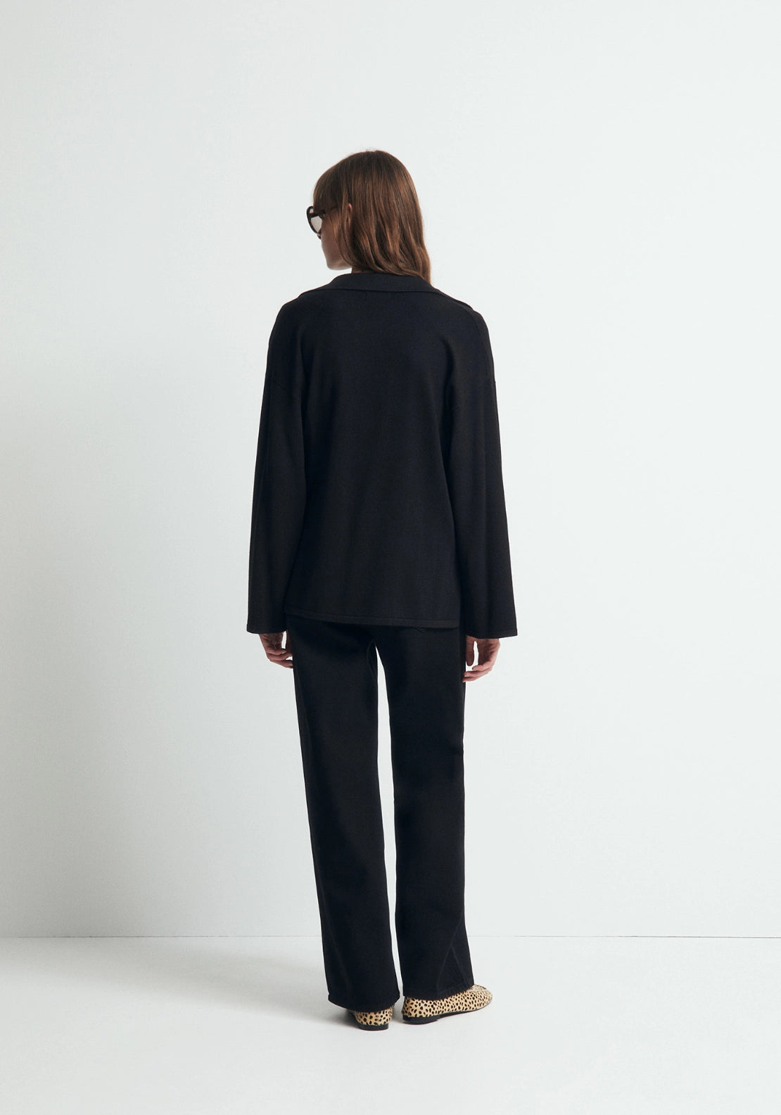 Knit Polo Sweater Open Collar - Black