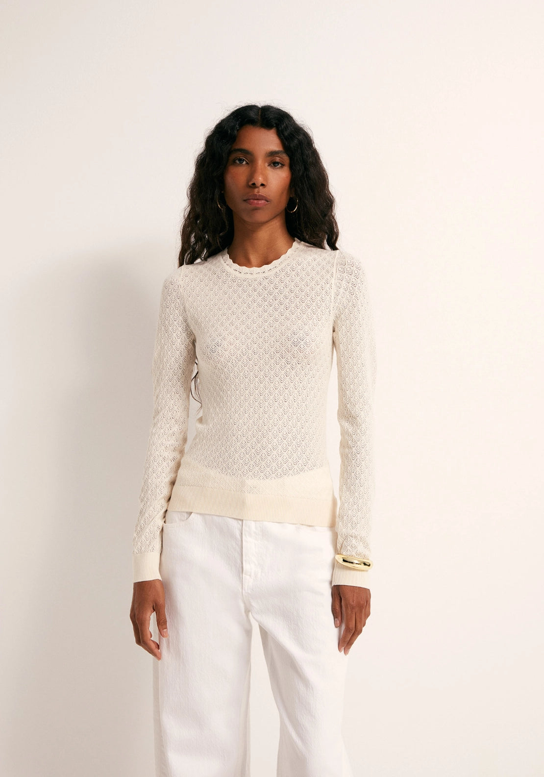 Pointelle Crew Sweater - Cream