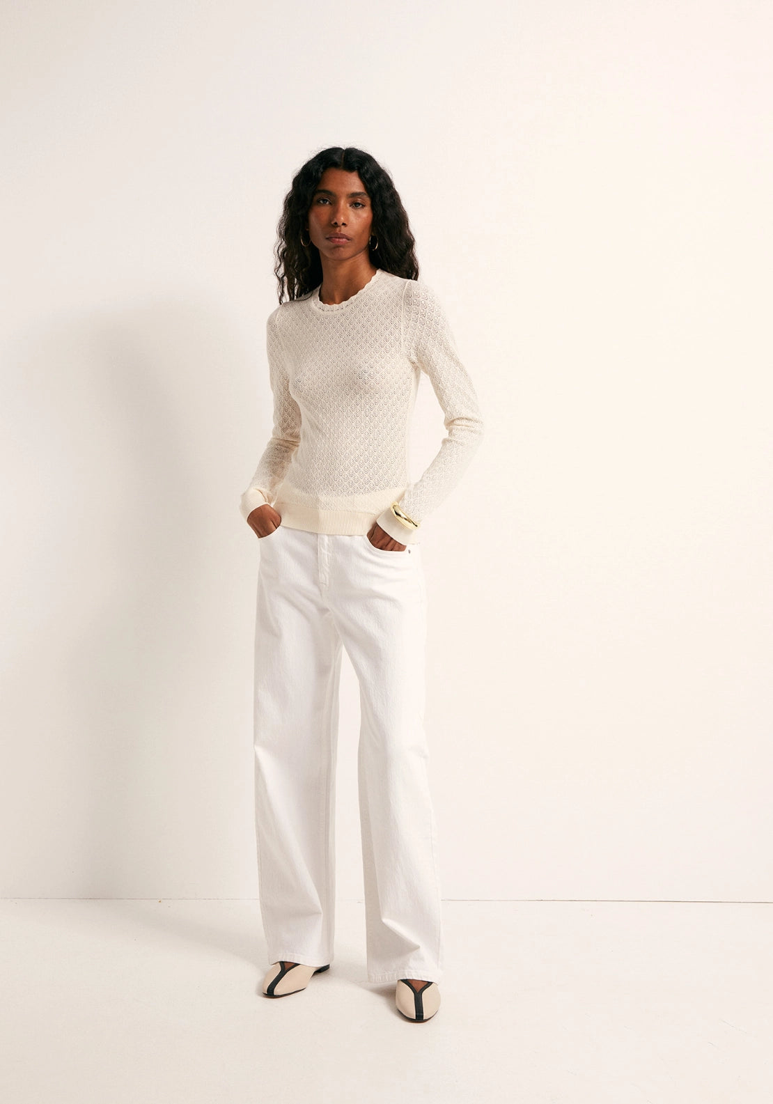 Pointelle Crew Sweater - Cream