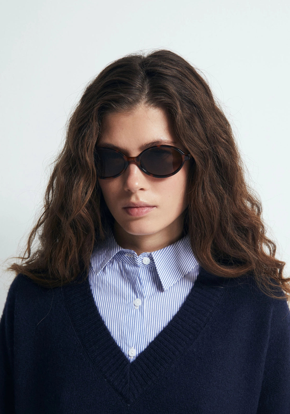 Mixed Fabric V-Neck Sweater - Blue