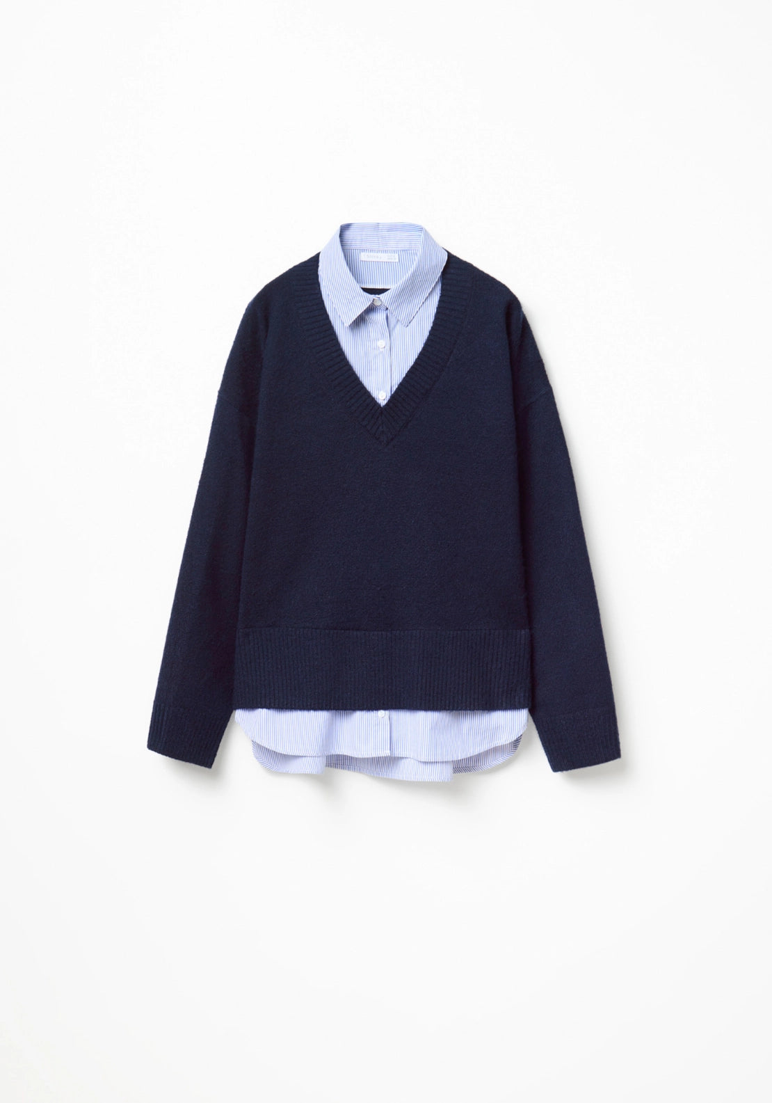 Mixed Fabric V-Neck Sweater - Blue