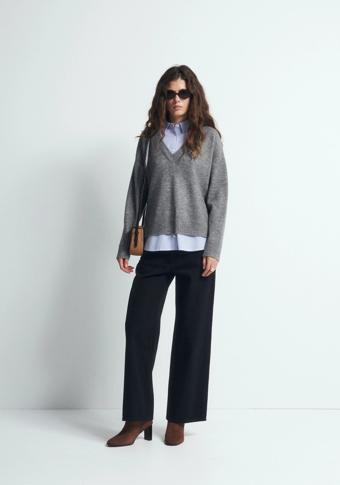 Mixed Fabric V-Neck Sweater - Grey