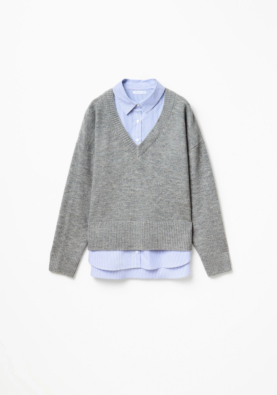 Mixed Fabric V-Neck Sweater - Grey