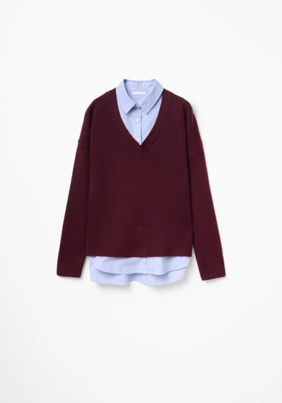 Mixed Fabric V-Neck Sweater - Red