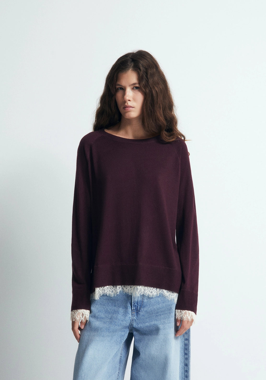 Lace Trim Knit Jumper - Red
