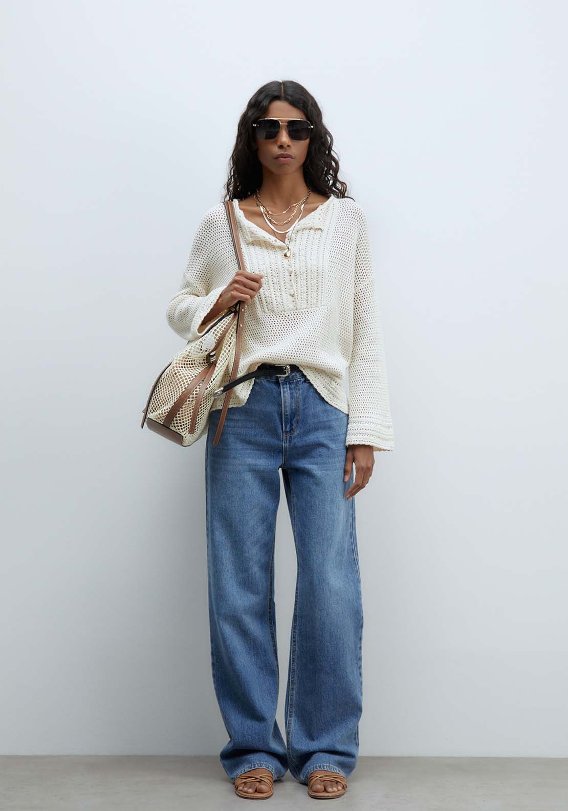 Sfera Decorative Front Openwork Sweater - Ecru 5 Shaws Department Stores