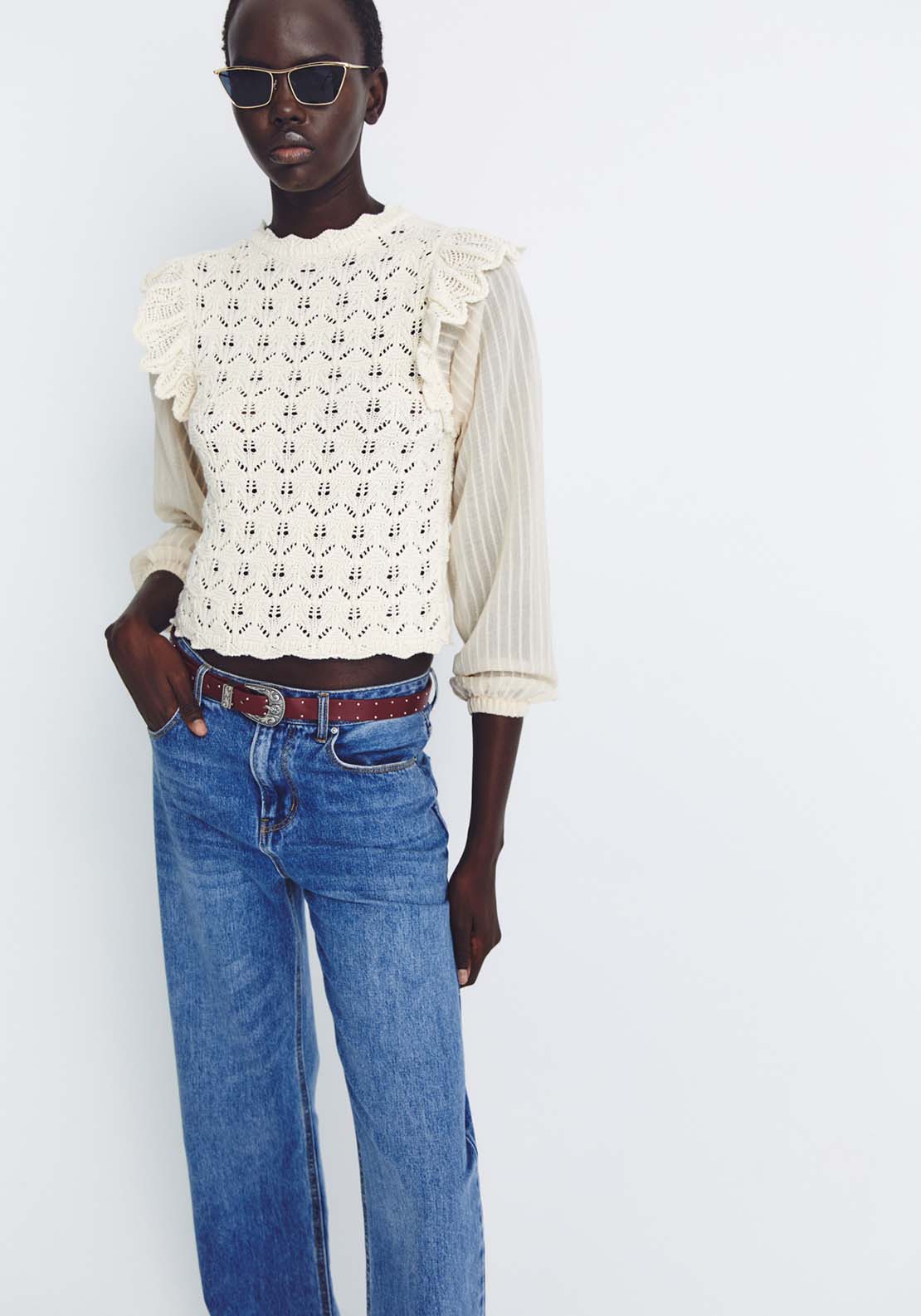 Sfera Ruffled Sleeves Sweater - Ecru 1 Shaws Department Stores