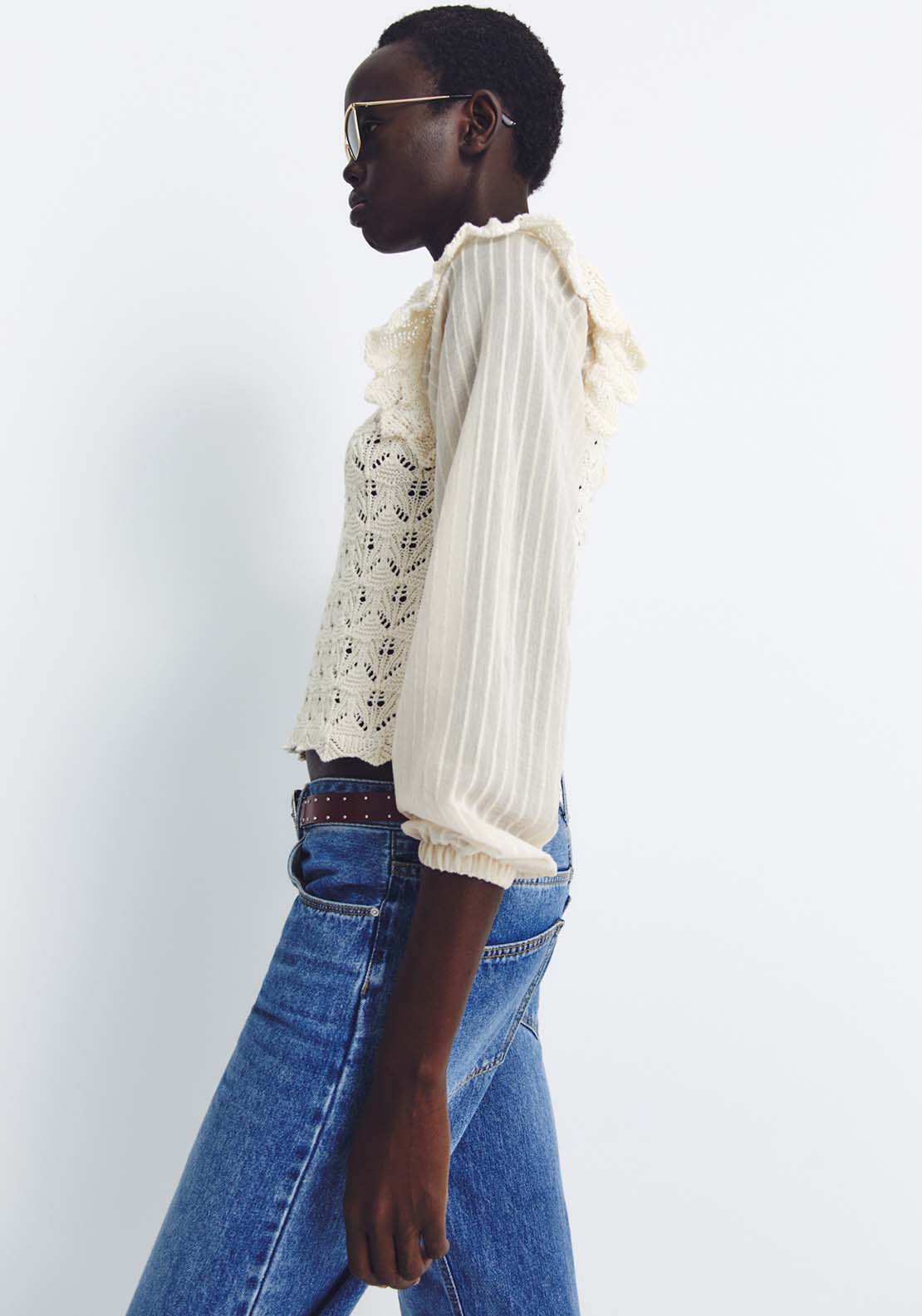 Sfera Ruffled Sleeves Sweater - Ecru 3 Shaws Department Stores