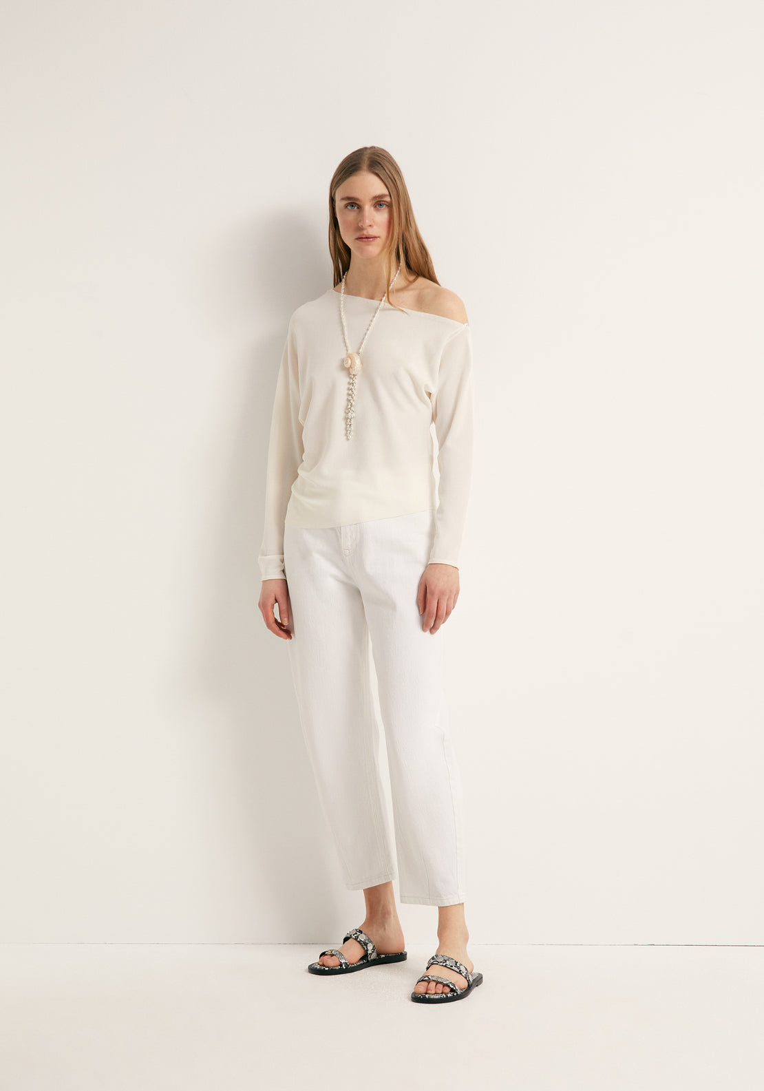 Asymmetric Shoulder Sweater - Cream