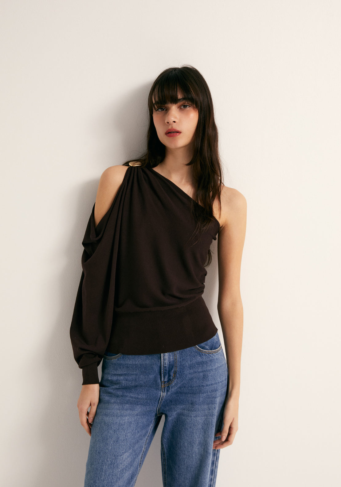 Asymmetric Side Ruching Top - Brown