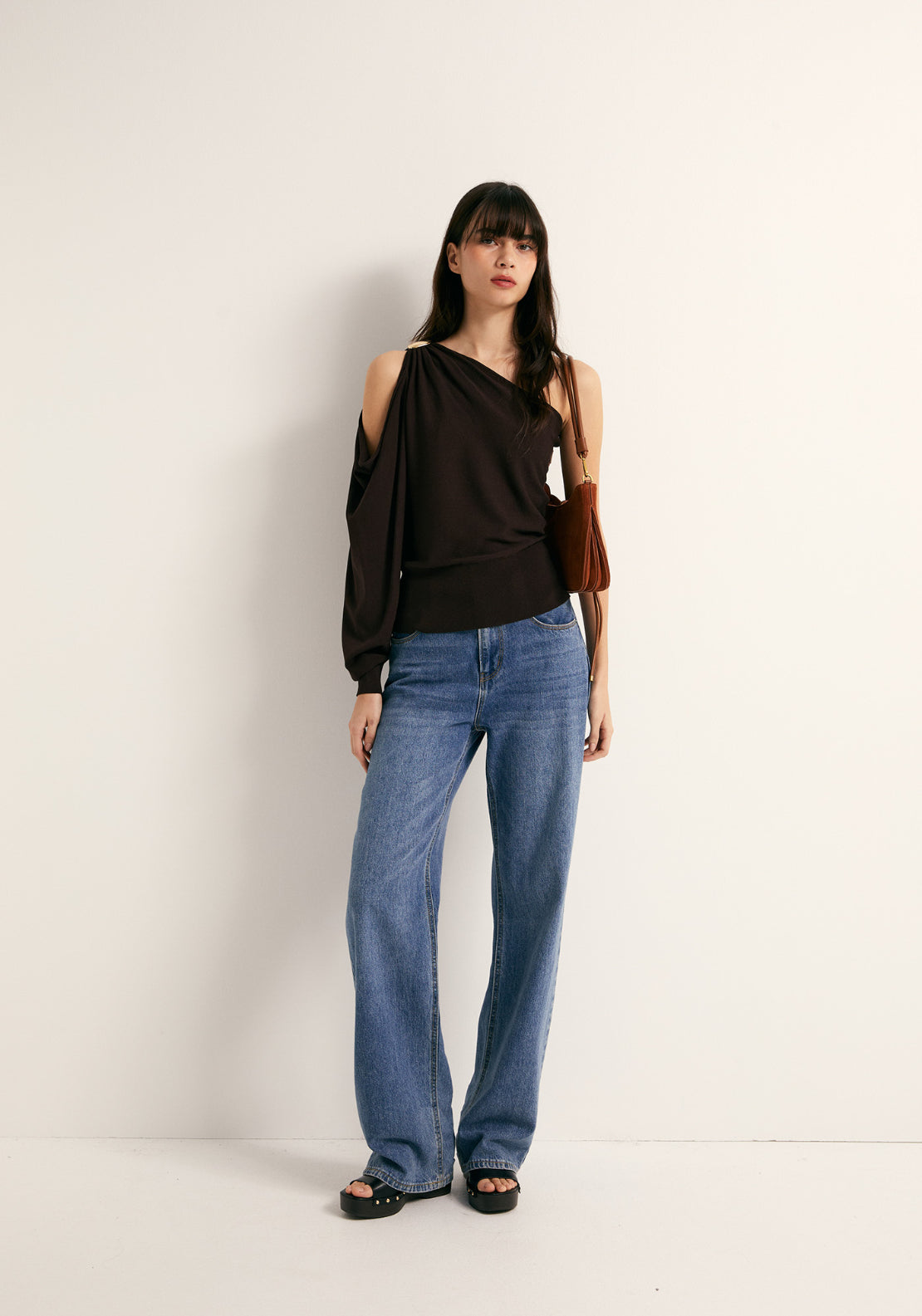 Asymmetric Side Ruching Top - Brown