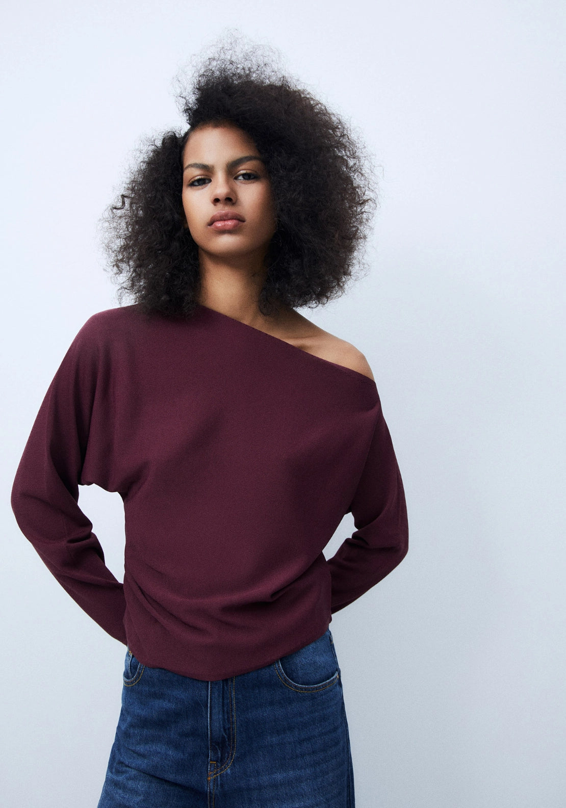 Asymmetric Neck Sweater - Red