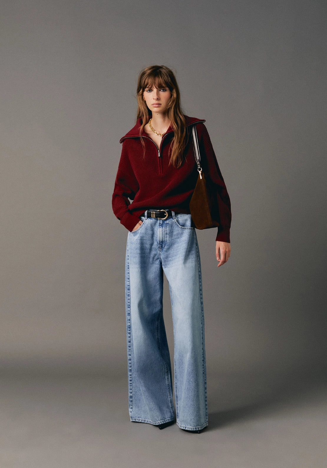 Zip Neck Oversized Collar Sweater - Vermilion