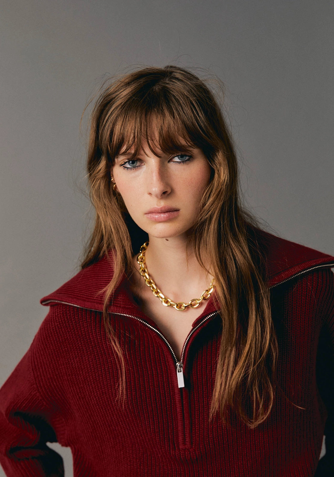 Zip Neck Oversized Collar Sweater - Vermilion