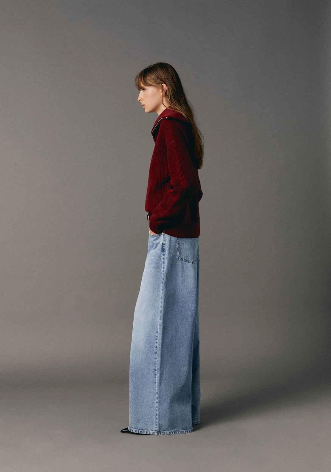 Zip Neck Oversized Collar Sweater - Vermilion