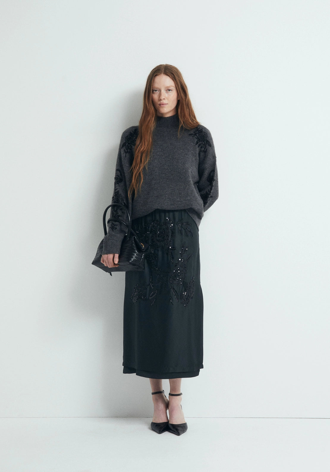 Sequin Embroidered Knit Sweater - Grey