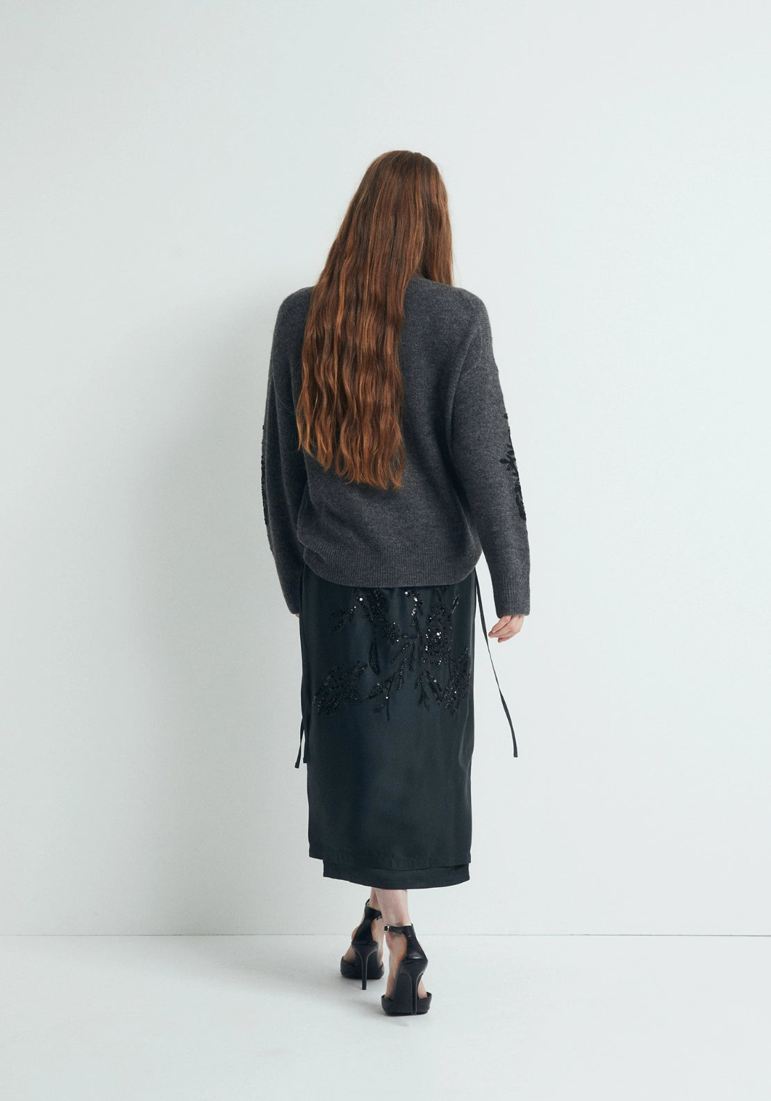 Sequin Embroidered Knit Sweater - Grey