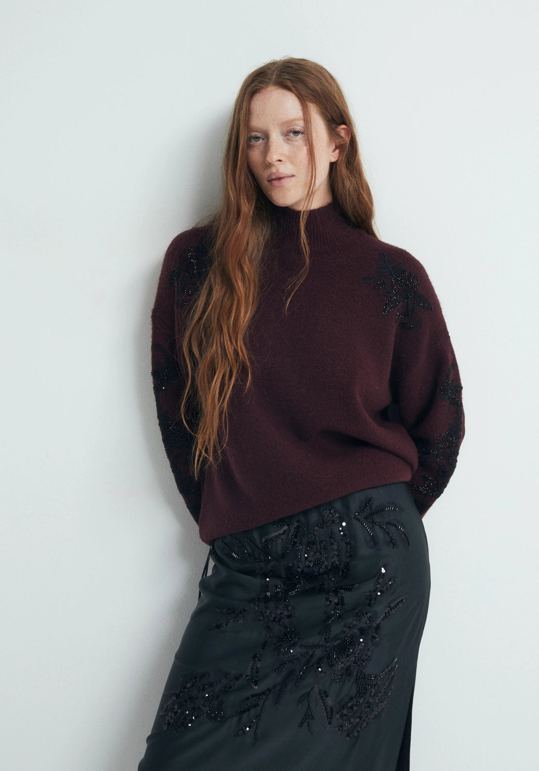 Sequin Embroidered Knit Sweater - Red