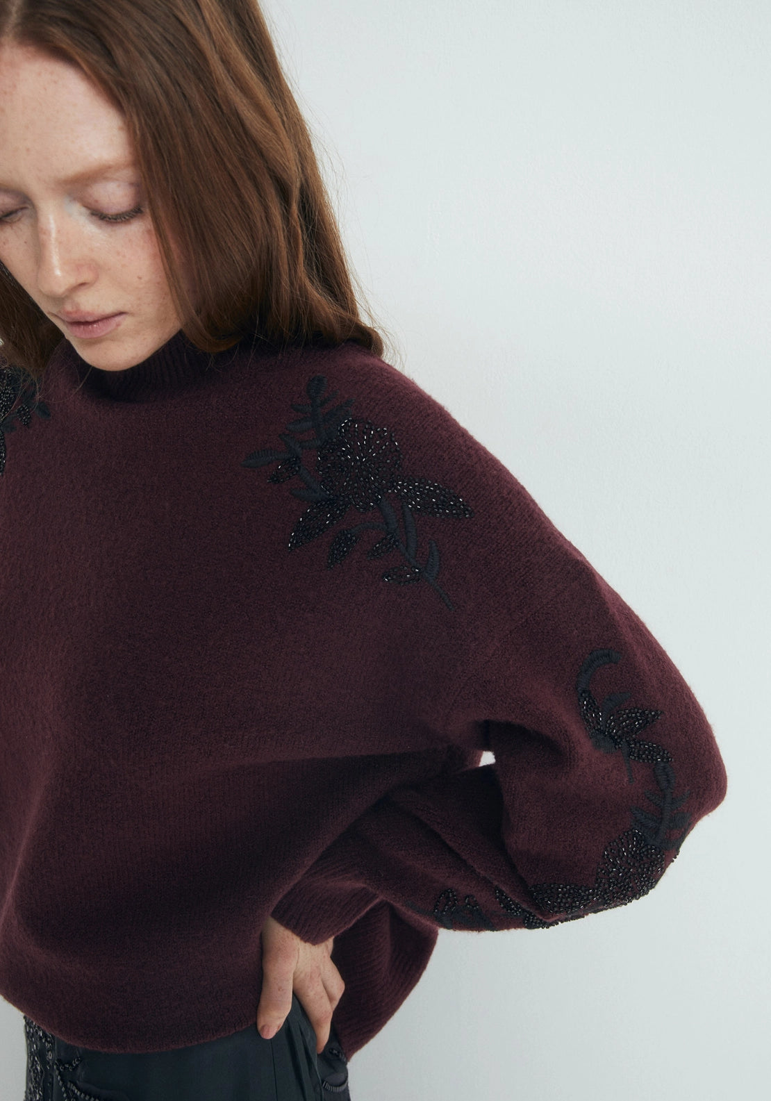 Sequin Embroidered Knit Sweater - Red