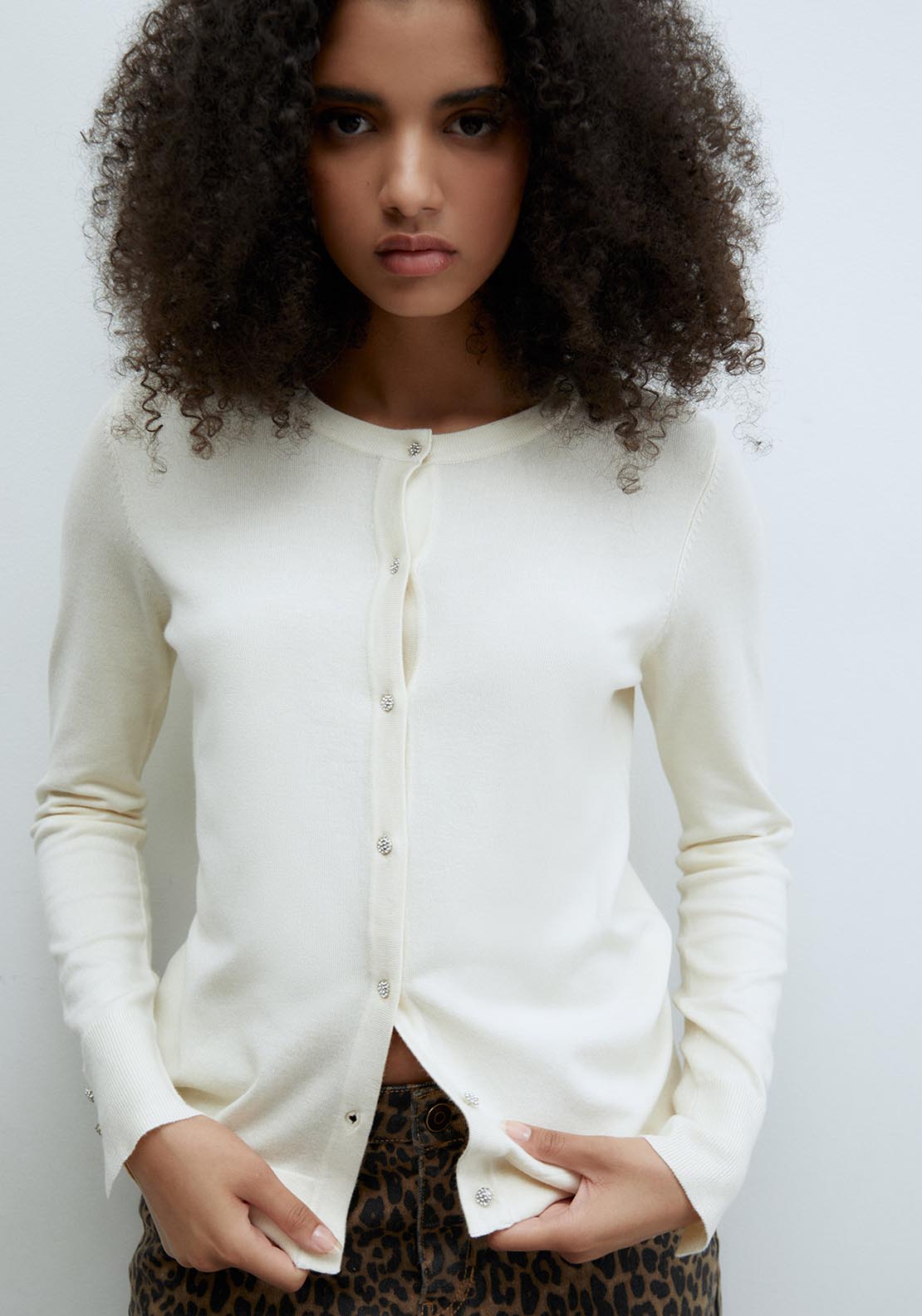Sfera Jewel buttons cardigan - Ecru Mink 1 Shaws Department Stores