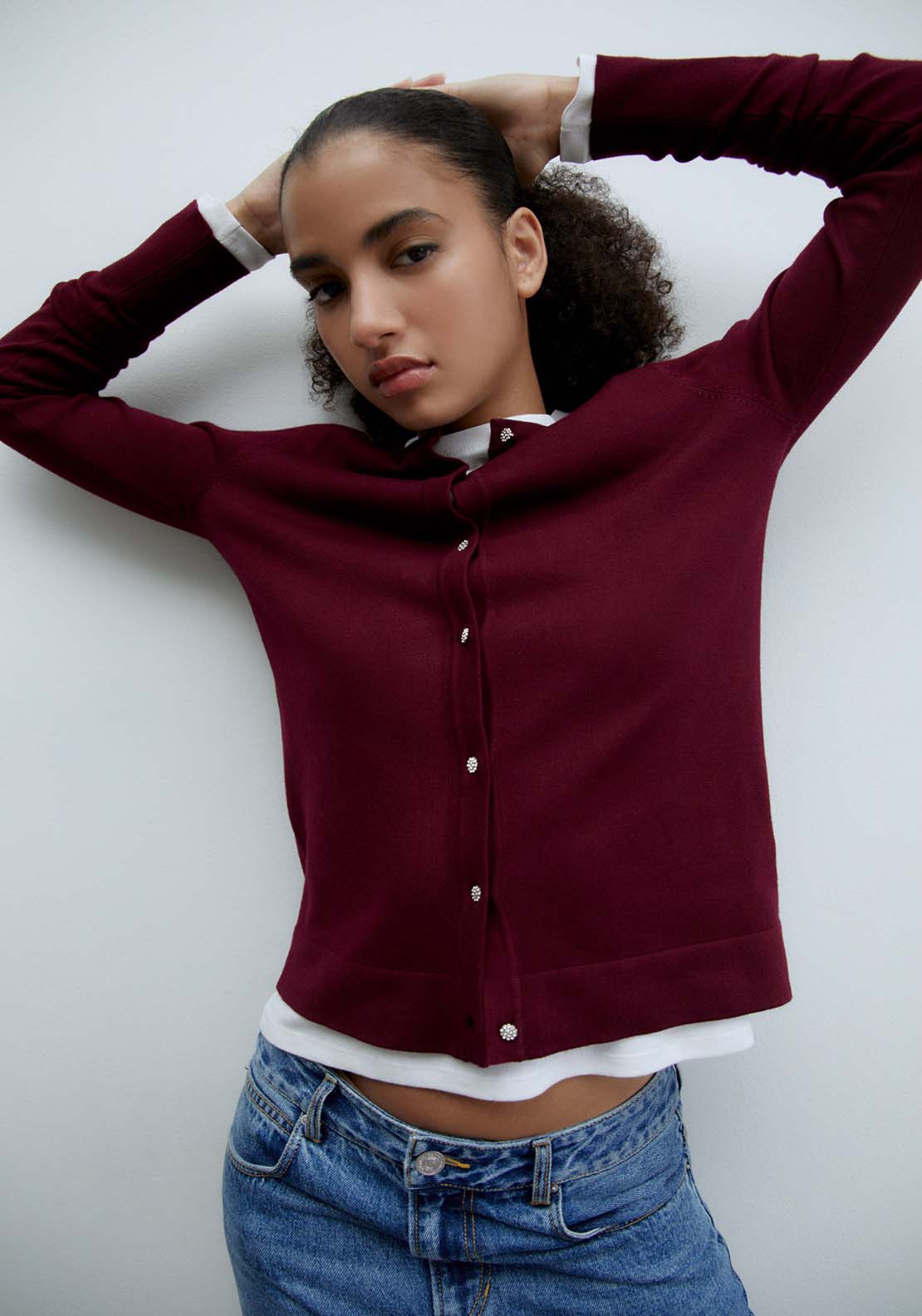 Sfera Jewel buttons cardigan - Burgundy 1 Shaws Department Stores