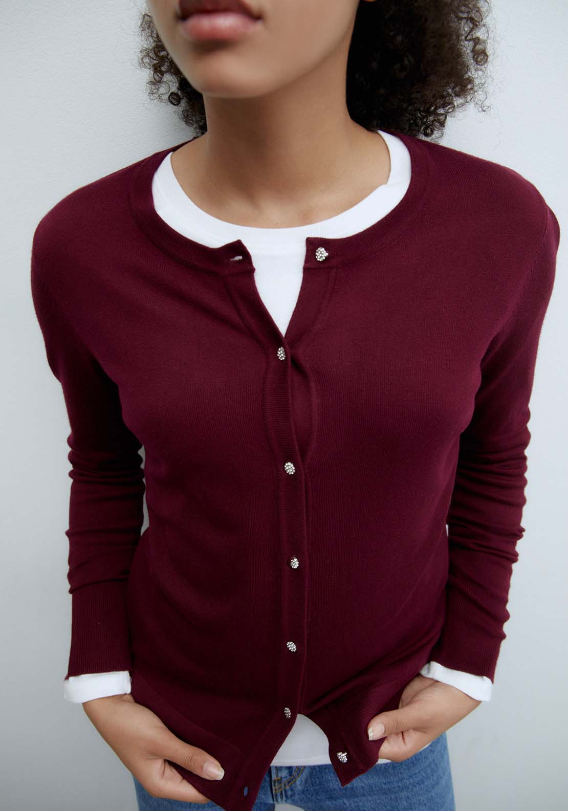 Sfera Jewel buttons cardigan - Burgundy 2 Shaws Department Stores