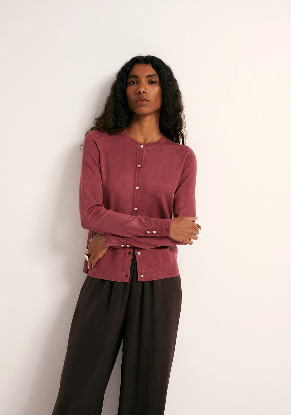 Gold Tone Button Cardigan - Dark Pink