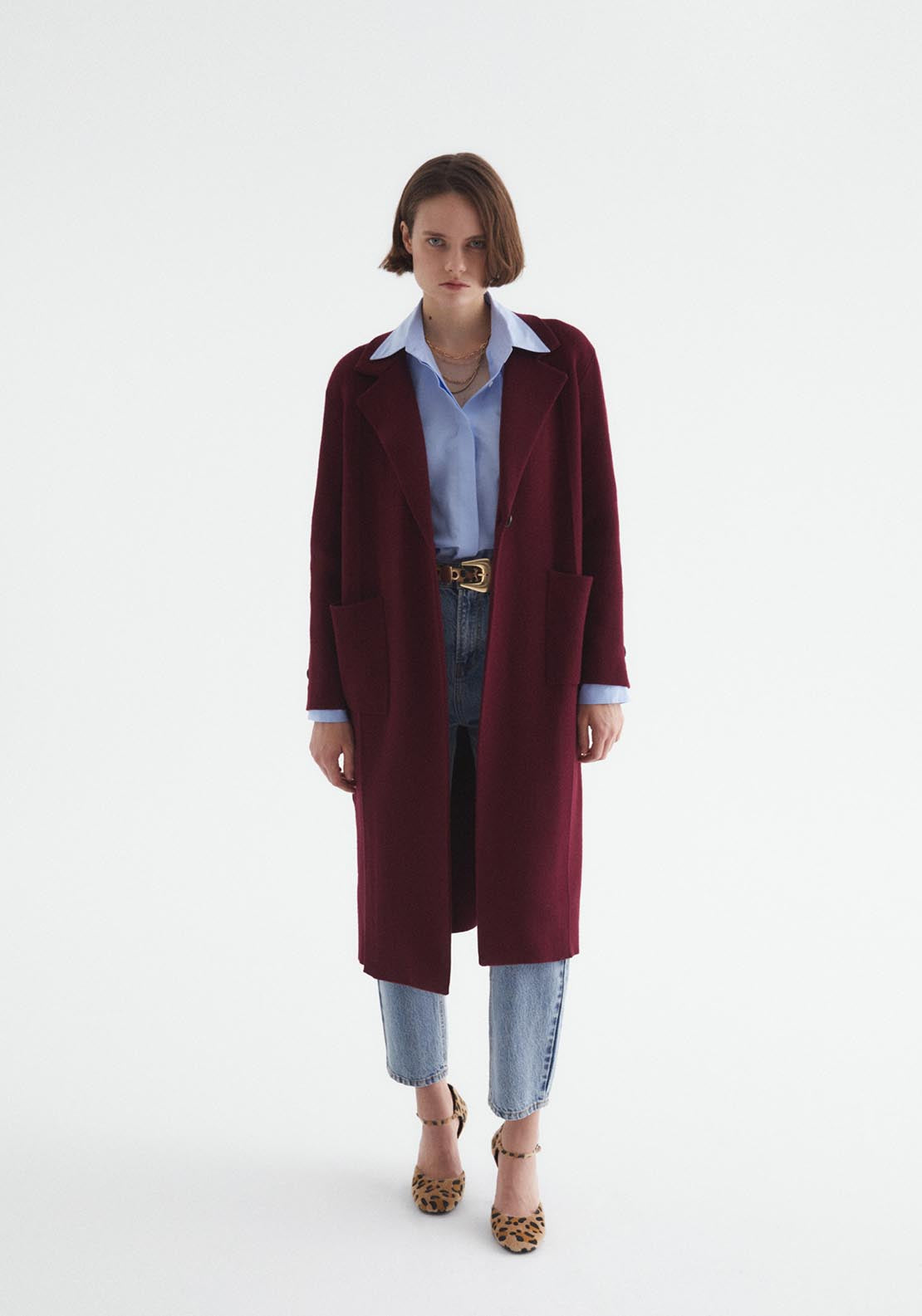 Sfera Pockets lapel collar coat - Currant 1 Shaws Department Stores