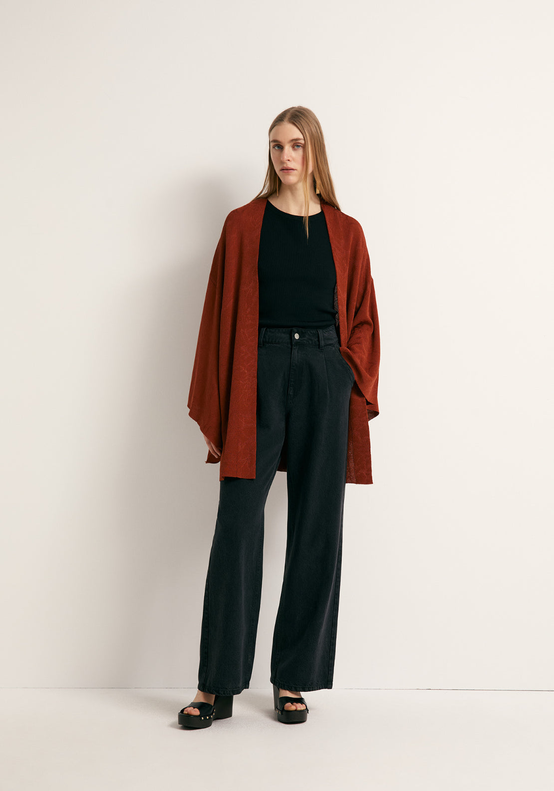 Wide Sleeve Jacquard Kimono - Orange