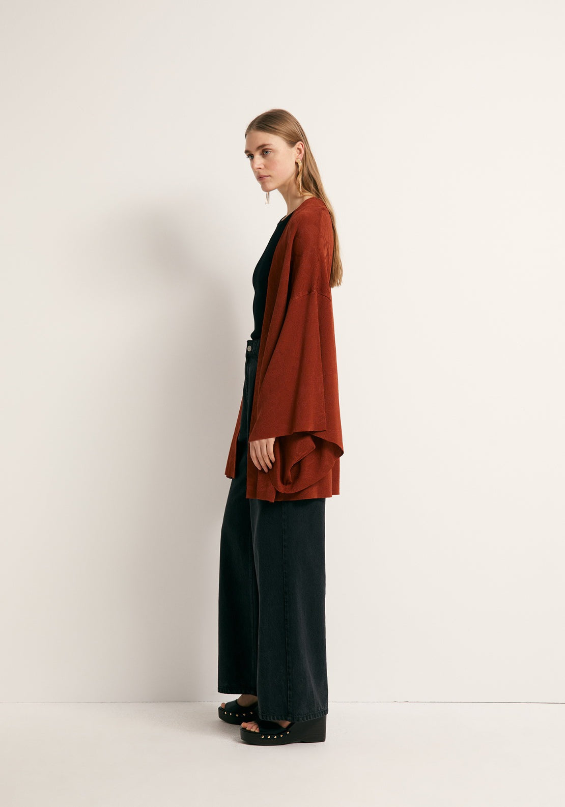 Wide Sleeve Jacquard Kimono - Orange