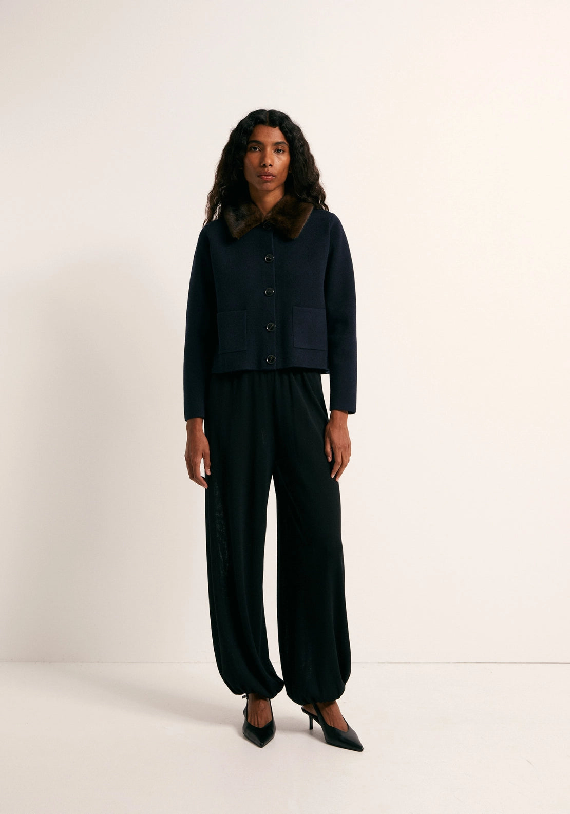 Faux Fur Collar Jacket - Navy Blue