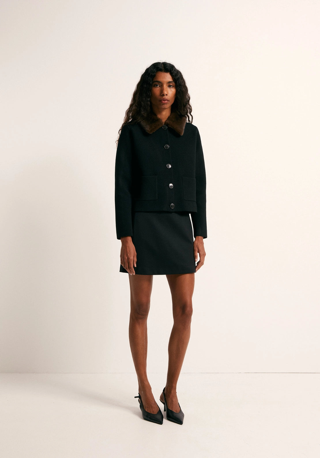 Faux Fur Collar Jacket - Black