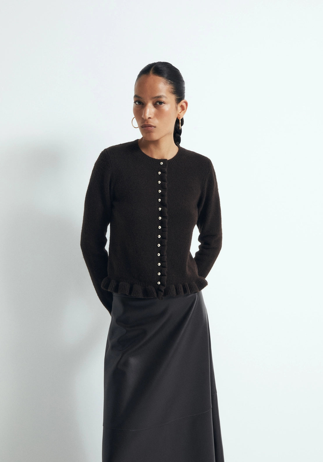 Ruffle Trim Cardigan - Brown