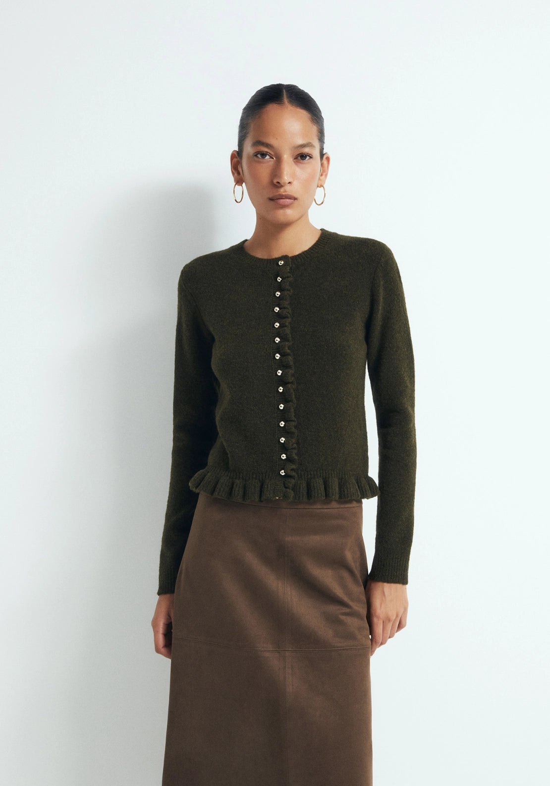 Ruffle Trim Cardigan - Kakhi