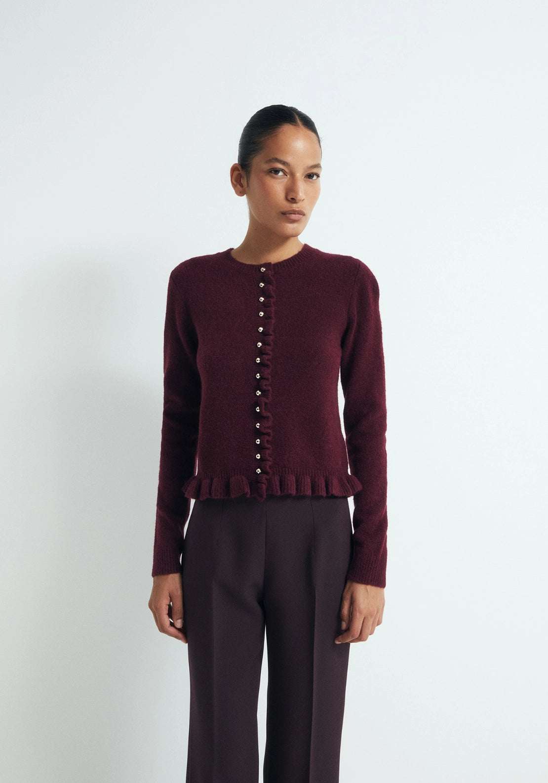 Ruffle Trim Cardigan - Red