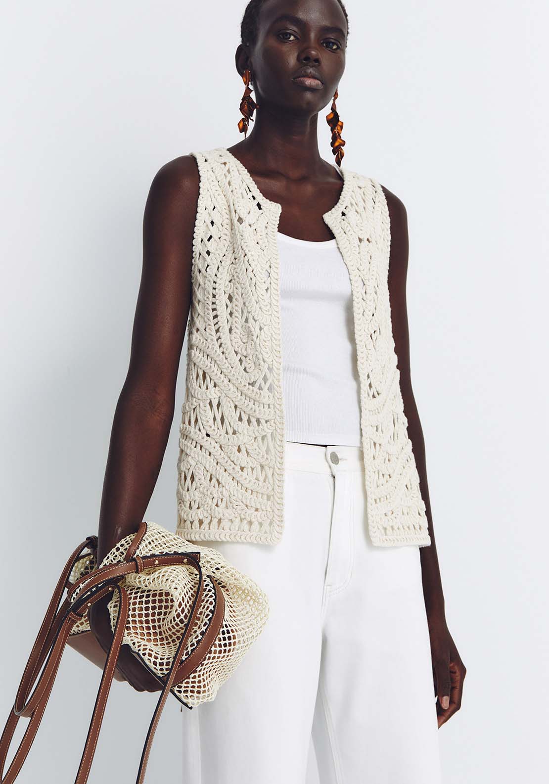 Sfera Long Macramé Vest - Ecru 1 Shaws Department Stores