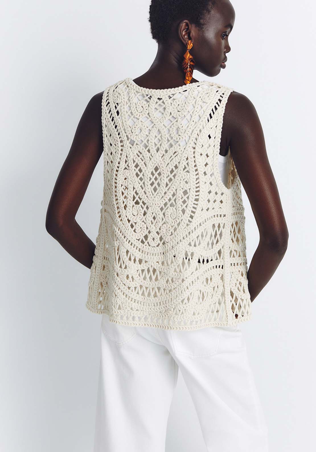 Sfera Long Macramé Vest - Ecru 2 Shaws Department Stores