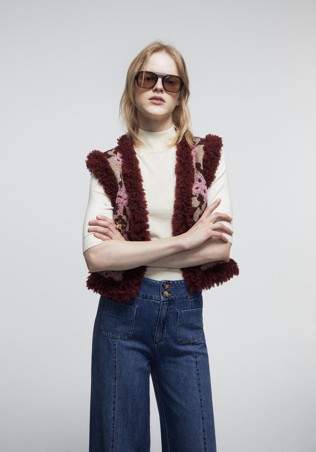 Sfera Fur Trim Embroidered Waistcoat - Red 1 Shaws Department Stores