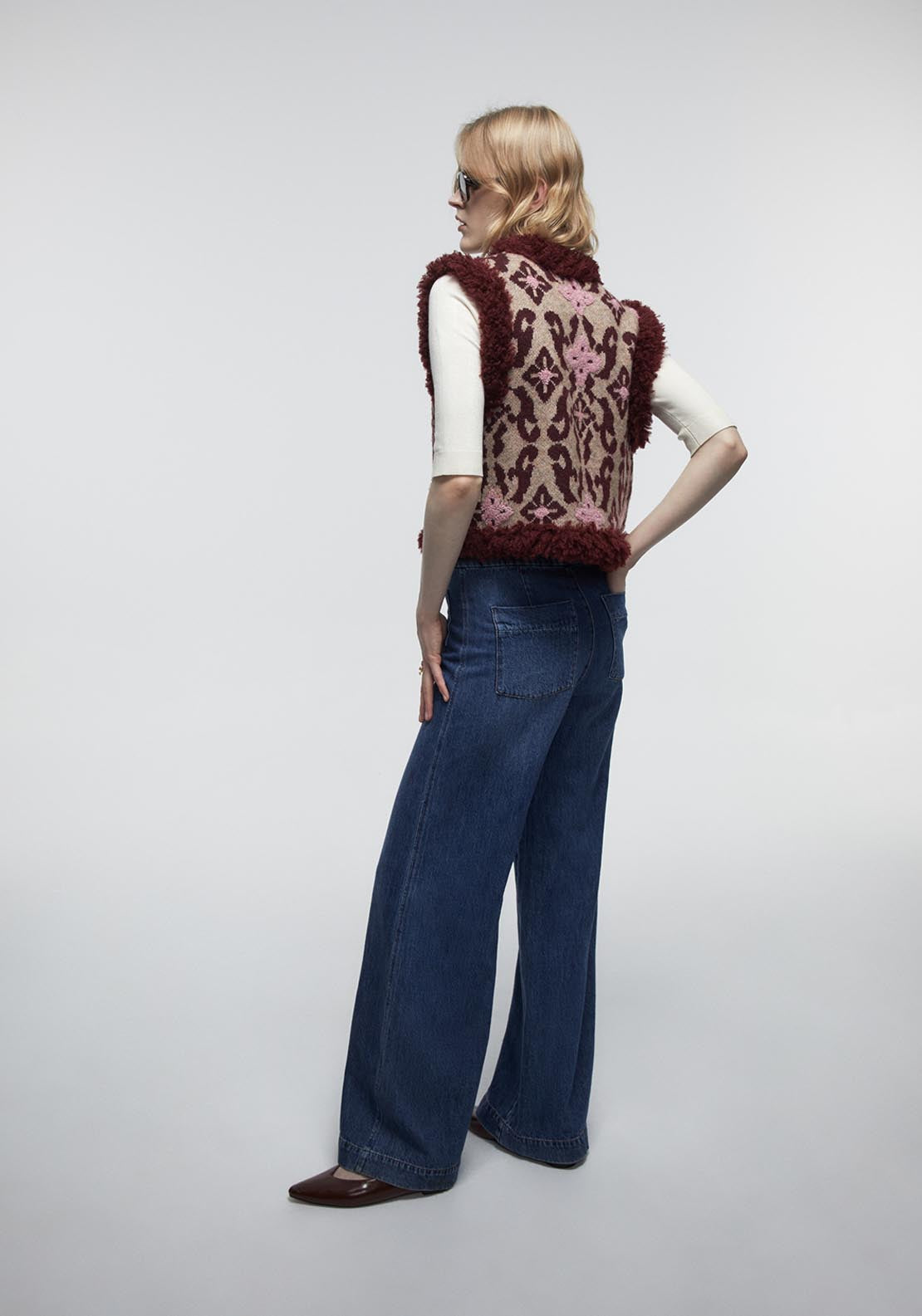 Sfera Fur Trim Embroidered Waistcoat - Red 2 Shaws Department Stores