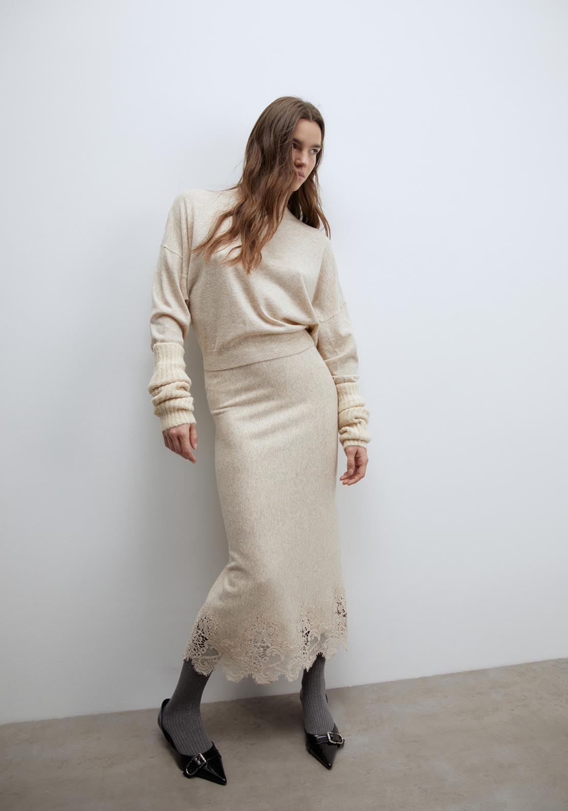 Sfera Lace detail midi skirt - Melange Mink 4 Shaws Department Stores
