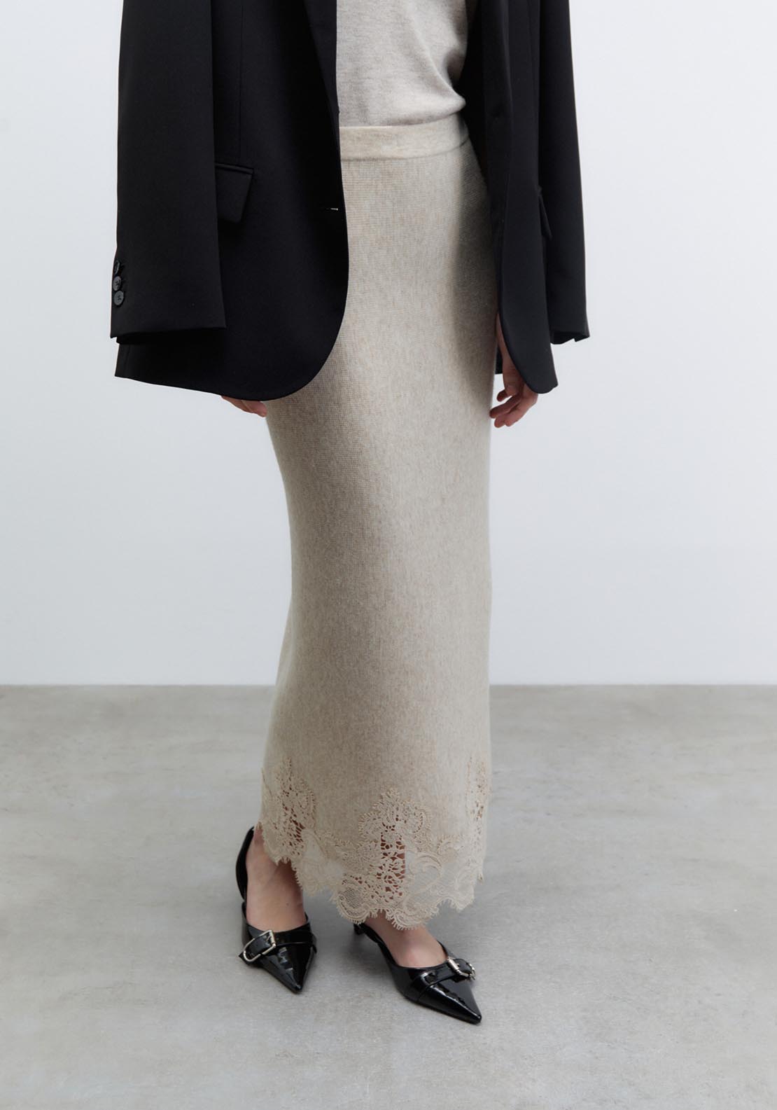 Sfera Lace detail midi skirt - Melange Mink 9 Shaws Department Stores